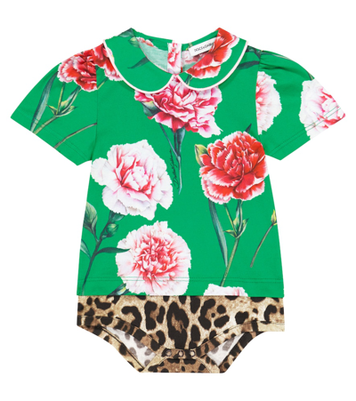 Dolce & Gabbana Baby Printed Cotton Jersey Bodysuit In Green