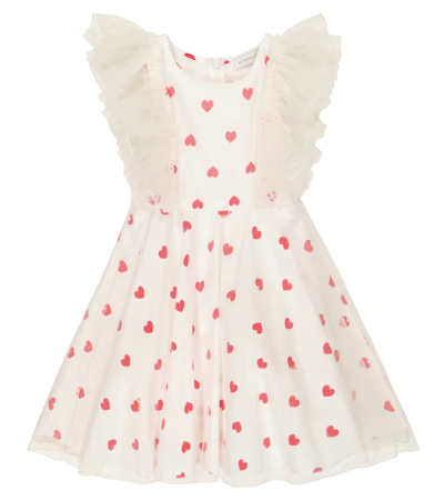 Monnalisa Kids' Heart Printed Ruffled Cotton Dress In Off White,red