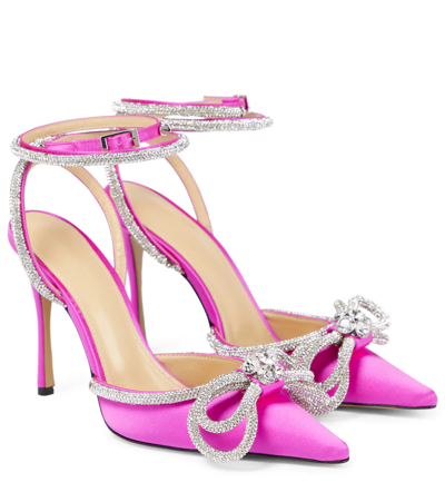 Mach & Mach Double Bow Crystal-embellished Satin Heeled Sandals In Pink-drk