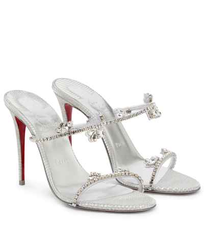 Christian Louboutin Just Queen 100 Crystal-embellished Pvc And Leather Mules In Silver