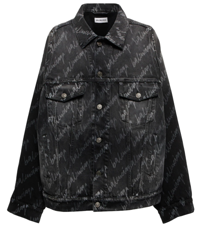Balenciaga Scribble-print Denim Jacket In Stonewash Black