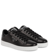 Prada Downtown Leather Tonal Sneakers With Metal Logo In Nero+bianco