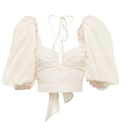 Johanna Ortiz Garua Gathered Puff-sleeve Crop Top - Bci Cotton In Ecru