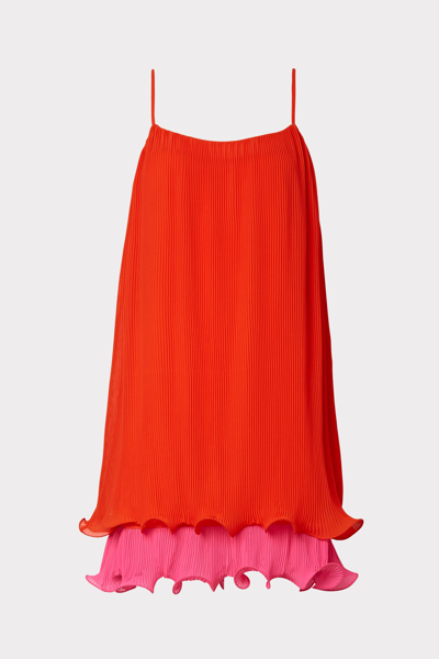 Milly Bianca Pleated Two-tone Ruffled Mini Dress In Coral/azalea