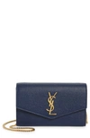 Saint Laurent Uptown Pebbled Calfskin Leather Wallet On A Chain In Blue Charron