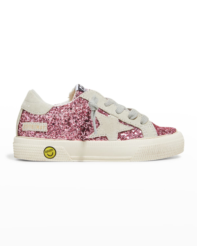 Golden Goose Kids May Pink Glittered Suede Sneakers (it36-it39) In White
