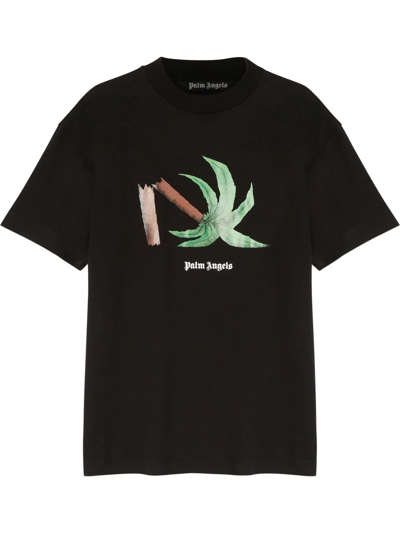 Palm Angels Broken Palm Embroidered Cotton-jersey T-shirt In Black