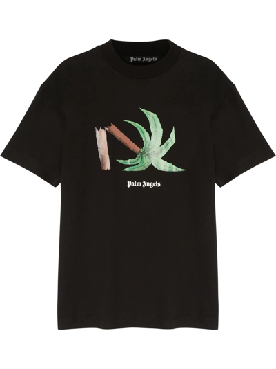 Palm Angels Broken Palm Embroidered Cotton-jersey T-shirt In Black Green