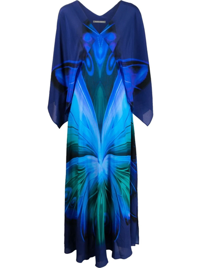 Alberta Ferretti Fluid Butterfly Chiffon Maxi Dress In Blue