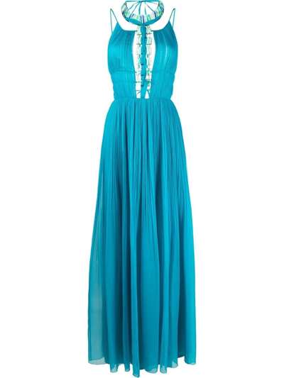Alberta Ferretti Long Pleated Turquoise Chiffon Dress With Jewel Neckline In Blau