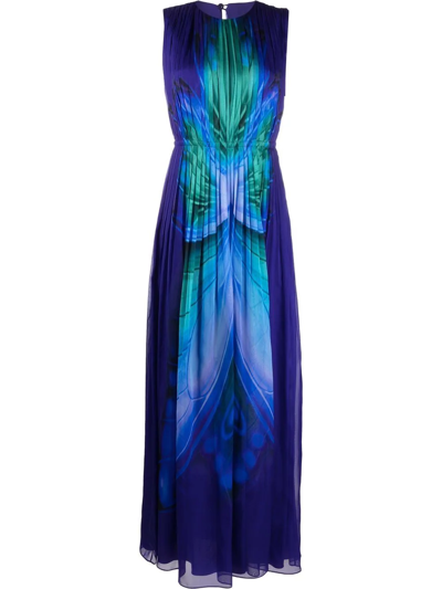 Alberta Ferretti Butterfly-print Pleated Chiffon Gown In Purple