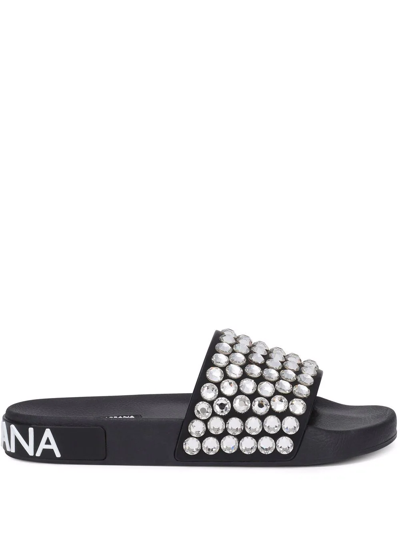 Dolce & Gabbana Rubber Beachwear Sliders With Embroidery In Black