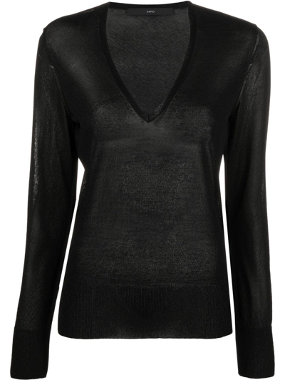 Sapio V-neck Long Sleeves Ribbed Profile Knitwear In Black