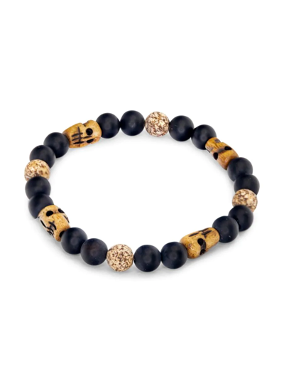 Jean Claude Men's Black Onyx & Wood Agate Skull Beaded Stretch Bracelet