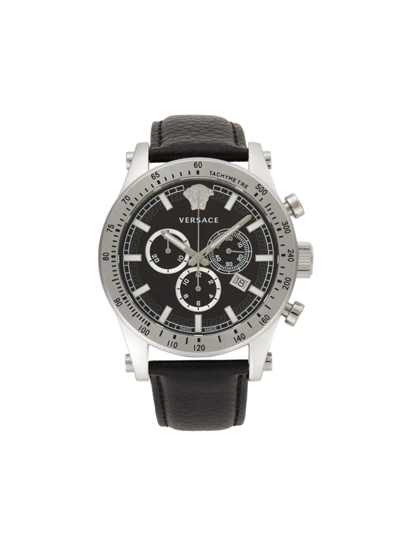 Versace Men's 44mm Chrono Stainless Steel & Leather Strap Watch In Black
