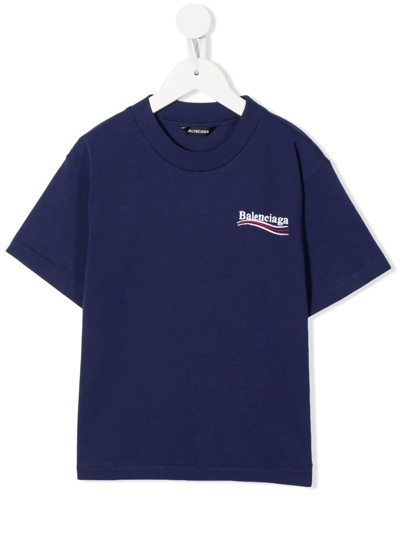 Balenciaga Kids' Embroidered-logo T-shirt In Blue