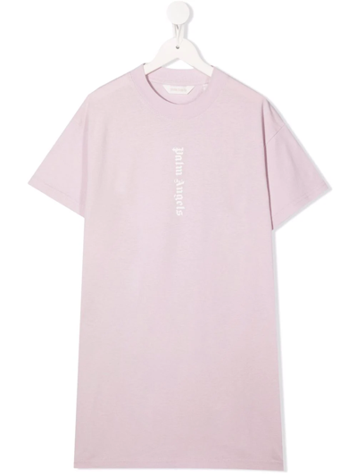 Palm Angels Kids Lilac Maxi T-shirt Dress With Vertical Logo Print In Viola