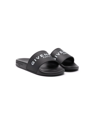 Givenchy Kids' Monochrome Logo-print Slides In Black