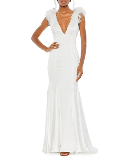 Mac Duggal Feather-embellished Deep V-neck Gown In White