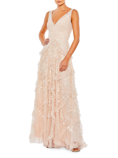 Mac Duggal Sequined Scallop Ruffle Tiered V Neck Gown In Blush