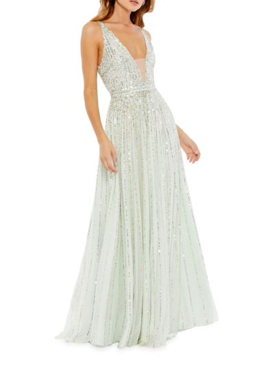 Mac Duggal Sequined Illusion Plunge Neck A-line Gown In Mint