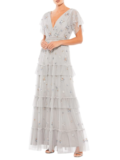 Mac Duggal Sequin-embellished V-neck Ruffle-tiered Gown In Platinum