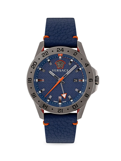 Versace Men's Sport Tech Gmt Stainless Steel Leather Watch, 45mm In Ip Gunmetal
