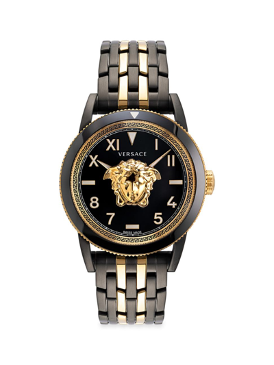 Versace Men's Palazzo Two-tone Matte Stainless Steel Greca Bracelet Watch In Yellowgold Black