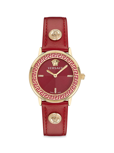 Versace V-tribute Watch With Red Leather Strap, Yellow Gold Ip In Multi
