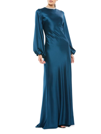 Mac Duggal Long Sleeve Satin Sheath Gown In Blue