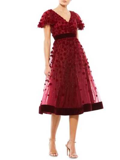 Mac Duggal Women's Embellished Butterfly Sleeve Velvet Hem Midi Dress In Burgundy