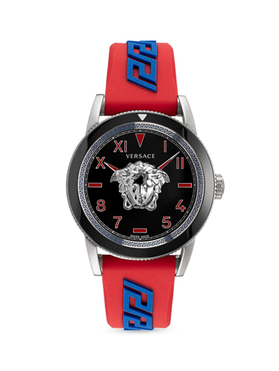 Versace Men's Palazzo Stainless Steel Greca Silicone Watch In Red