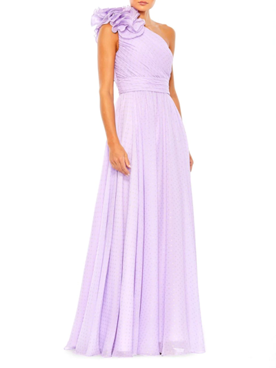 Mac Duggal Rosette Metallic Dot One-shoulder Chiffon Gown In Lilac