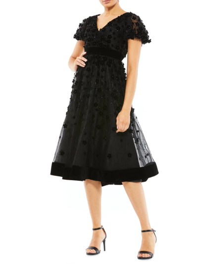 Mac Duggal Velvet Flower-embellished Midi-dress In Black