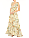 Mac Duggal Floral Print Soft Tie Sleeveless Tiered Gown In Yellow/multi