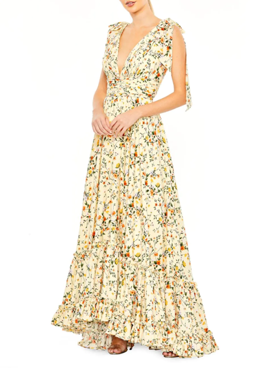 Mac Duggal Floral Print Soft Tie Sleeveless Tiered Gown In Yellow Multi