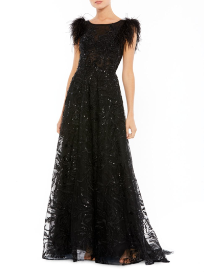 Mac Duggal Feathered A-line Gown In Black