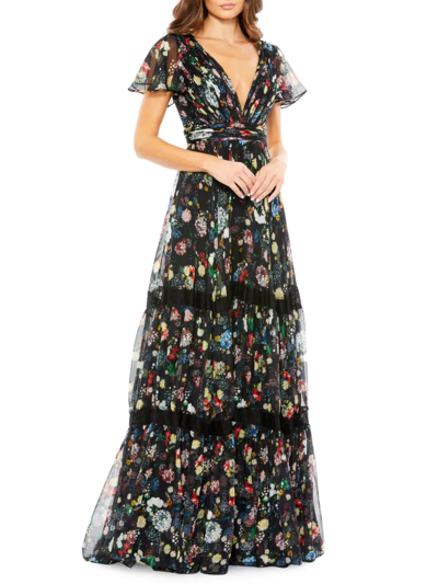 Mac Duggal Floral Print Pleated Wrap Over Butterfly Sleeve Dress In Black Multi
