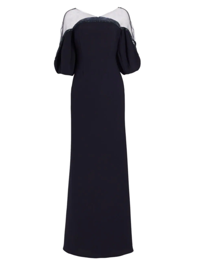 Rene Ruiz Collection Crepe Illusion Gown In Navy