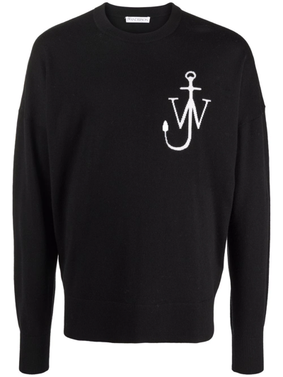 Jw Anderson Intarsia-logo Crew Neck Jumper In Black