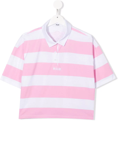 Msgm Kids' Logo-embroidered Striped Polo Shirt In Pink