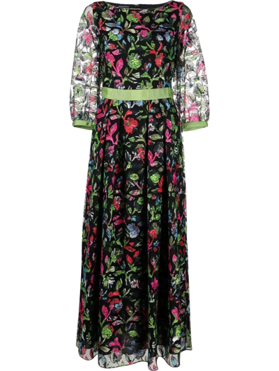 Emporio Armani Floral-embroidered Sheer-sleeve Dress In Nero-verde
