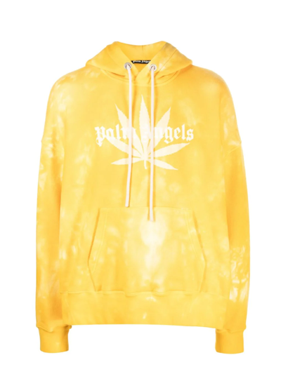 Palm Angels Leaf Tie-dye Logo-print Hoodie In Yellow