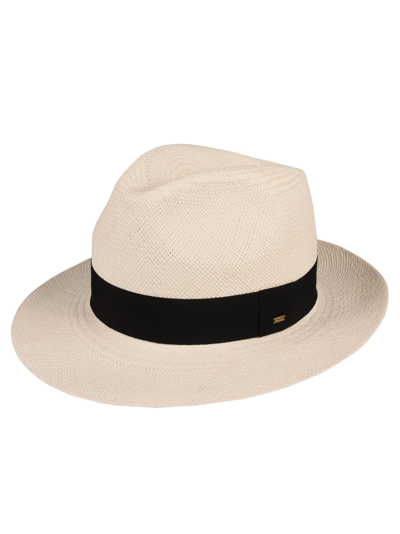 Saint Laurent Band Applique Woven Hat In Off White