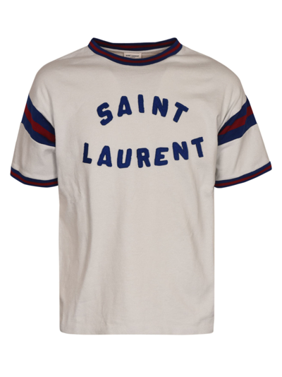 Saint Laurent Stripe Detail Logo T-shirt In White Vintage/ Blue/red