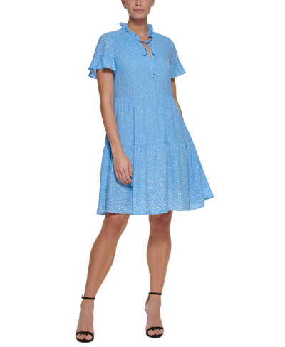 Dkny Polka-dot Ruffled Tie-neck Tiered Dress In Zelda Blue/cream