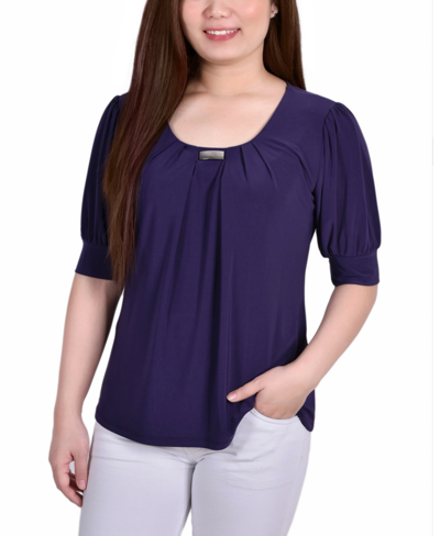 Ny Collection Women's Short Balloon Sleeve Top With Hardware In Purple