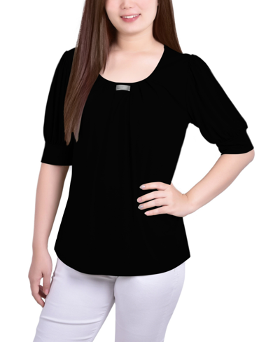 Ny Collection Petite Short Sleeve Balloon Sleeve Top In Black