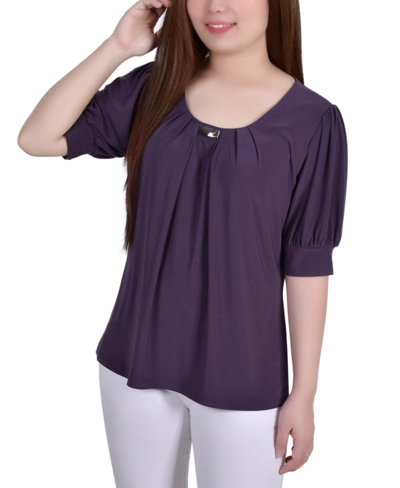 Ny Collection Petite Short Sleeve Balloon Sleeve Top In Charcoal
