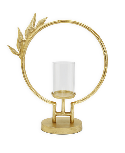 Classic Touch Geometric Circle Hurricane Candle Holder Leaf Design, Medium In Gold-tone